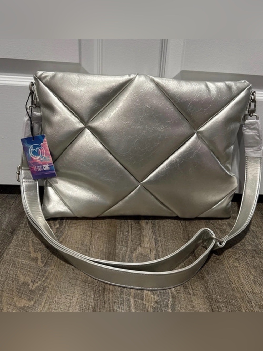 Quilted Metallic Silver Laptop Crossbody Bag - Women